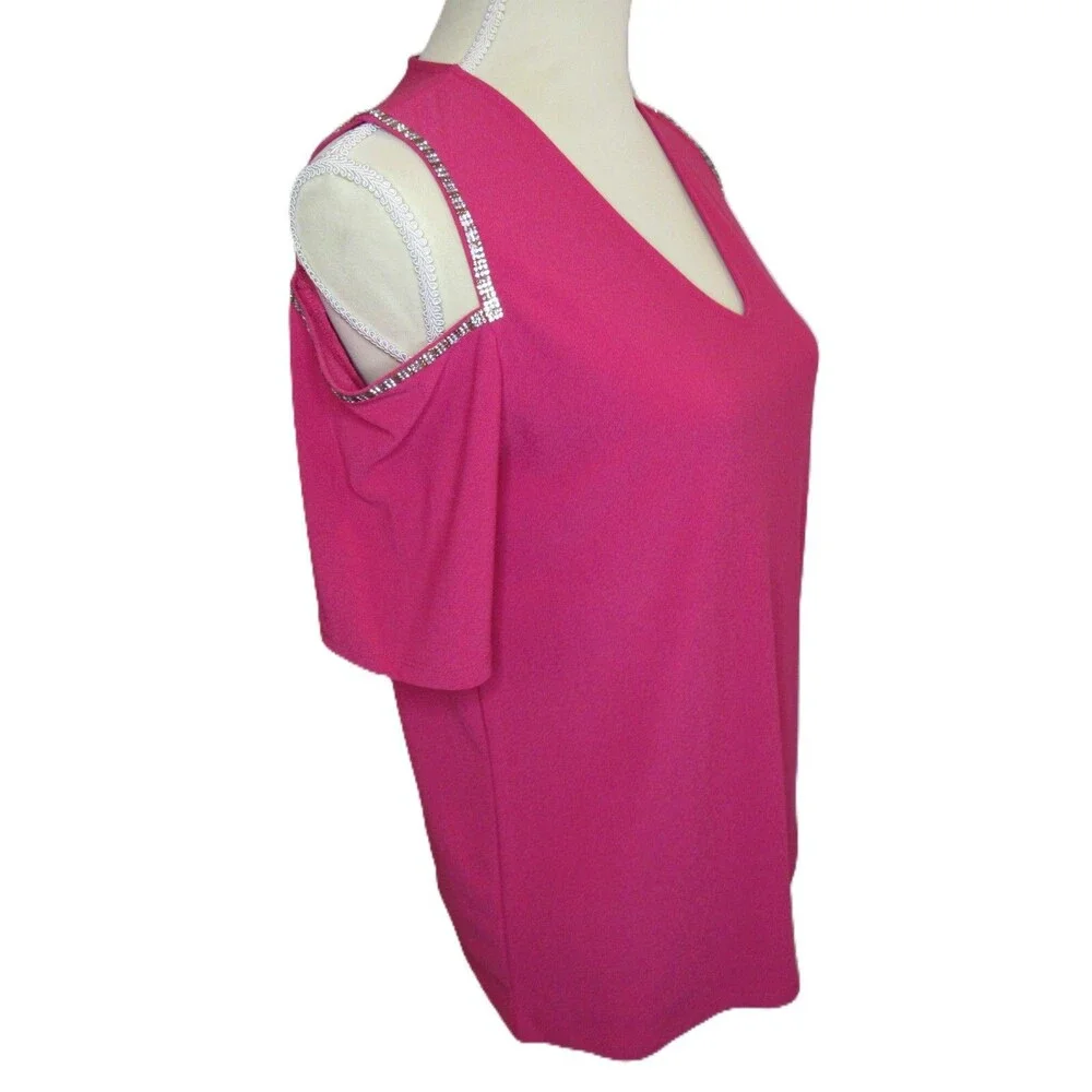 Cold Shoulder Top Glam Blouse Womens M Hot Magenta Pink Stretch Rhinestones NWT